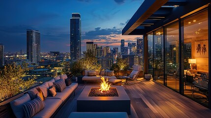 Rooftop cafe with fire place