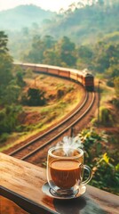 "On a morning balcony, a transparent coffee cup with steaming coffee sits against a backdrop of railway tracks on a green mountainside. A distant train approaches through the bokeh effect.