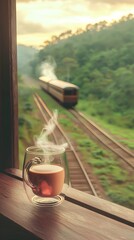 "On a morning balcony, a transparent coffee cup with steaming coffee sits against a backdrop of railway tracks on a green mountainside. A distant train approaches through the bokeh effect.