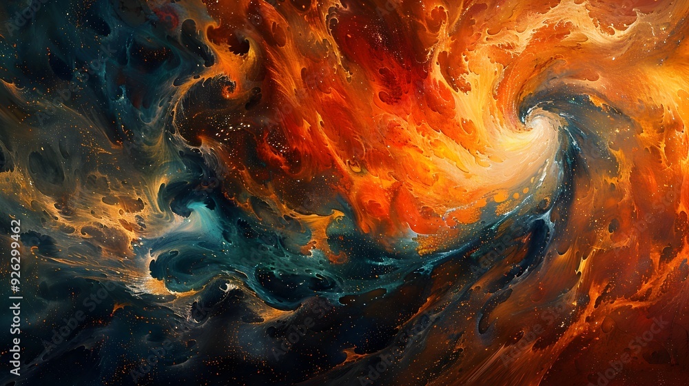 Poster fiery abstract painting of a swirling inferno with vibrant colors and dynamic patterns