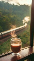 "On a morning balcony, a transparent coffee cup with steaming coffee sits against a backdrop of railway tracks on a green mountainside. A distant train approaches through the bokeh effect.