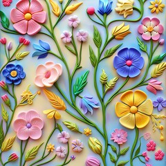 Whimsical 3D Floral Design with Colorful Flowers and Leaves