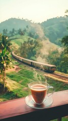 "On a morning balcony, a transparent coffee cup with steaming coffee sits against a backdrop of railway tracks on a green mountainside. A distant train approaches through the bokeh effect.