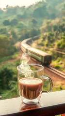 "On a morning balcony, a transparent coffee cup with steaming coffee sits against a backdrop of railway tracks on a green mountainside. A distant train approaches through the bokeh effect.