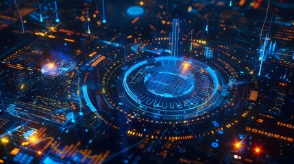 A detailed, futuristic photo of a blue financial graph with surrounding coins and a digital business chart. 