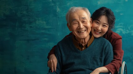 Young woman embraces elderly man in wheelchair, sharing laughter and warmth together indoors