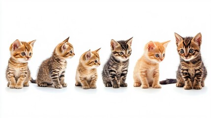 Playful Bengal Kittens - Adorable feline siblings in various poses on white backdrop, purebred cat photography collection.