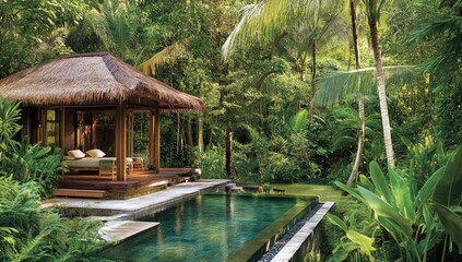 Tropical hut with pool, surrounded by lush greenery.