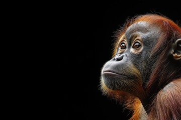 Photo of an orangutan isolated against a black background, emphasising the orangutan's majestic features. Wildlife and conservation concept, space for copy.