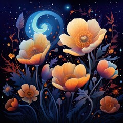 Enchanting Moonlit Garden with Vibrant Blossoms and Starry Sky