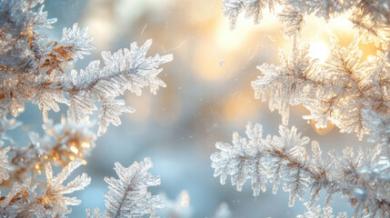 Frost-covered branches with golden sunlight in winter, sparkling ice crystals, serene atmosphere, nature scene