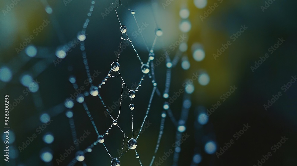 Poster dew drops adorned on a spiderweb with a blurred green background