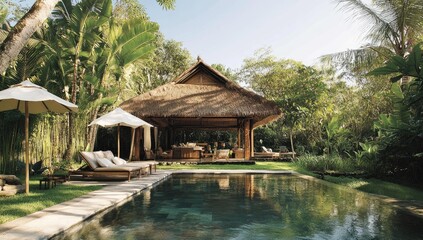 Fototapeta premium Tropical resort with pool, lounge chairs and thatched roof cabana.
