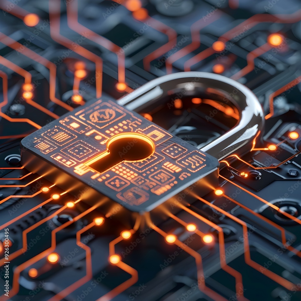 Aufkleber secure biometric padlock icon on high tech circuit board background