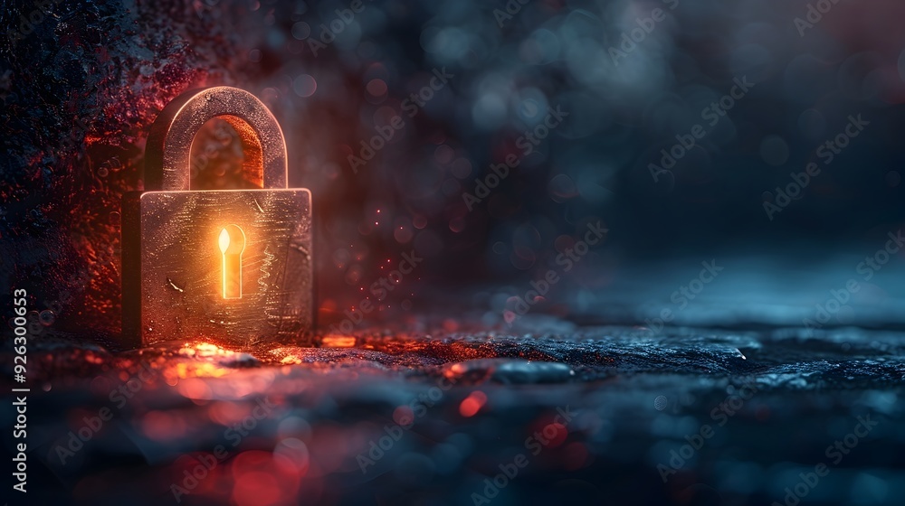Poster glowing padlock icon in mysterious dark backdrop with copy space