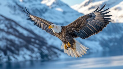 Fototapeta premium Majestic Bald Eagle in Flight Over Mountains