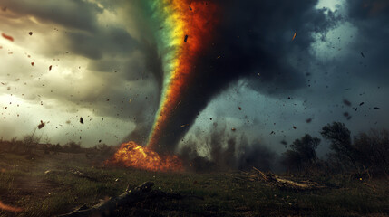 Fototapeta premium A tornado is blowing through a field with a rainbow in the sky