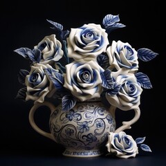Elegant Blue and White Porcelain Roses in Decorative Vase