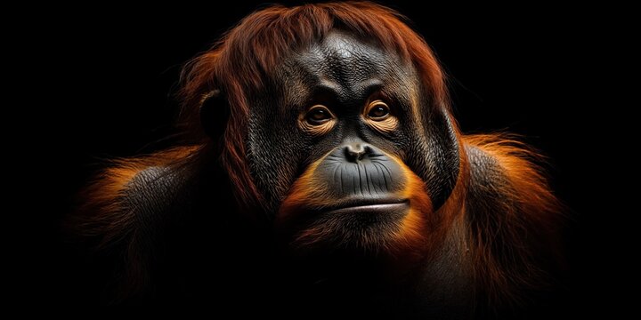 Photo of an orangutan isolated against a black background, emphasising the orangutan's majestic features. Wildlife and conservation concept, space for copy.