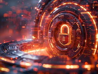 Futuristic Padlock Icon with Holographic Interface in Sci Fi Environment