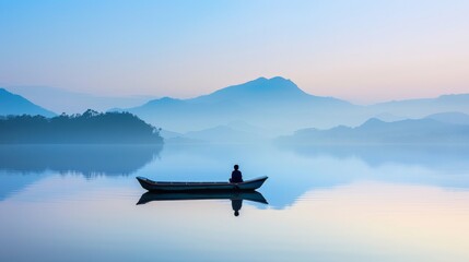 Solitary Asian Fisherman on a Calm Lake at Dawn in Vietnam.