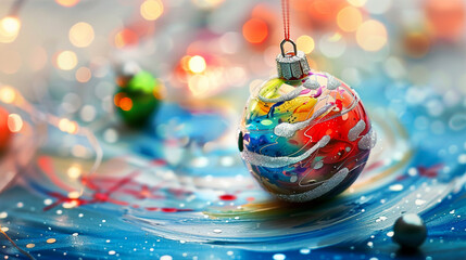 Colorful Christmas ball with silver glitter elements on blue paint surface. Bokeh lights in the background. Christmas and New Year's decoration. 