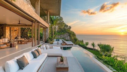 Obraz premium Modern villa with infinity pool overlooking ocean sunset.