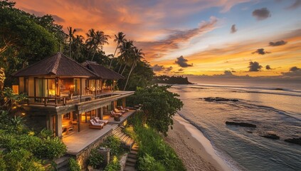 Obraz premium Tropical beach house with ocean views at sunset.
