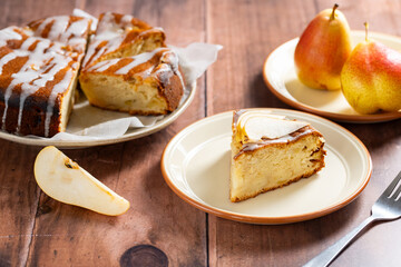 Pear pie. Homemade cake. Fruit dessert on a plate. 