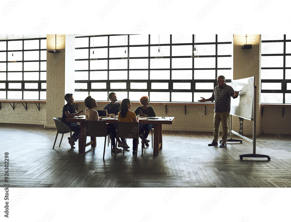 Poster Board, presentation and business people with discussion in office for planning, proposal and development. Employee, kpi and meeting with idea in workshop for company objectives, training and review