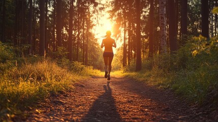 Fitness Girl Running in the forest at Sunset