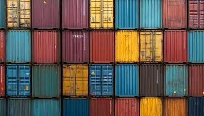 Fototapeta premium Shipping containers stacked on top of each other. Cargo sea port logistics and transportation
