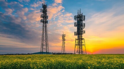 Advanced connectivity. Sunset over a rural landscape with communication towers amid vibrant fields