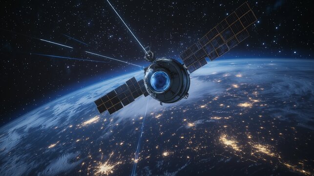 Advanced connectivity. Low Earth orbit satellite providing advanced connectivity over Earth at night