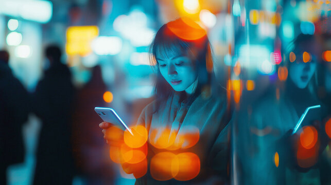 Advanced connectivity. A young person checking their smartphone amidst a lively cityscape at night