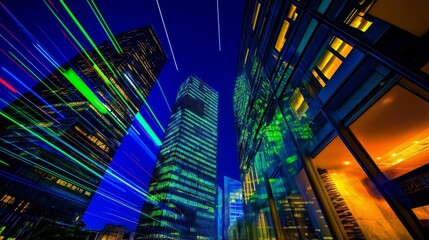 Advanced connectivity. Futuristic cellular tower emitting vibrant lights in a bustling urban skyline at night