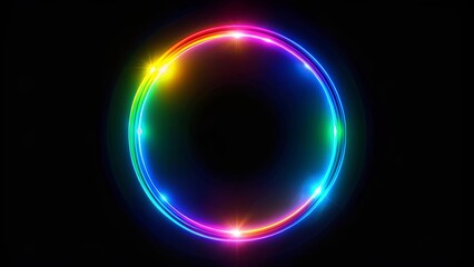 Circle of iridescent light on black background, black hole, portal, colorful, glowing, vibrant, luminous, mysterious