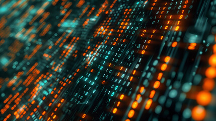 Obraz premium Abstract digital background featuring streaming binary code and AI algorithms, illustrating the seamless and powerful operations of modern computing technologies