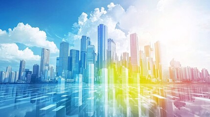 Fototapeta premium Colorful Exaggerated Bar Charts Representing Business Growth Above a Surreal City Skyline