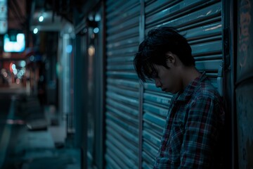 Young Asian Man Pacing in Gritty Bangkok Alley at Nighttime.
