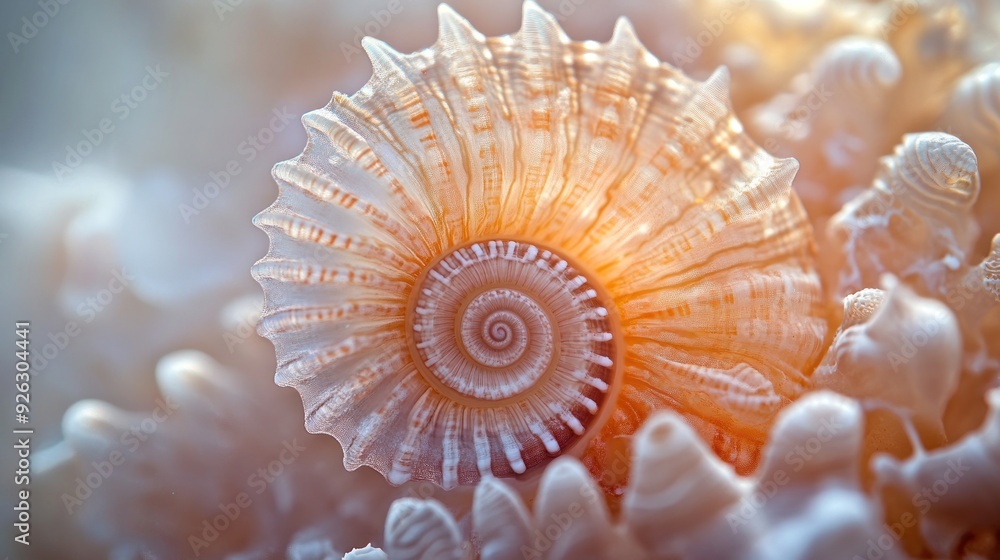Poster close-up of a delicate spiral seashell with intricate patterns