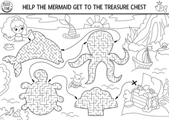 Mermaid black and white maze for kids with geometrical dolphin, octopus, turtle, seashell, treasure chest. Ocean kingdom line printable activity. Water labyrinth coloring page. Fairytale puzzle