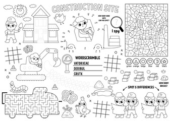 Vector construction site placemat for kids. Building works printable activity mat with maze, tic tac toe charts, connect dots, find difference. Repair service black and white play mat, coloring page