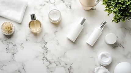 Beauty Products Arranged on a Marble Surface