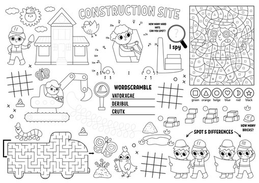 Vector construction site placemat for kids. Building works printable activity mat with maze, tic tac toe charts, connect dots, find difference. Repair service black and white play mat, coloring page