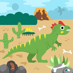 Vector square scene with allosaurus. Dinosaur landscape illustration. Cute prehistoric scenery with desert, bones, volcano, centipede, stones. Funny dino scene for kids