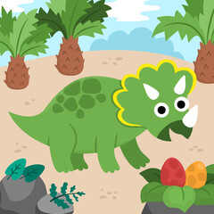 Naklejka premium Vector square scene with triceratops. Dinosaur landscape illustration. Cute prehistoric scenery with forest, palm trees, nest, eggs. Funny dino scene for kids