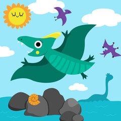 Vector square scene with pterodactyl. Dinosaur landscape illustration. Cute prehistoric scenery with flying pterosaur, sky, sun. Funny dino scene for kids