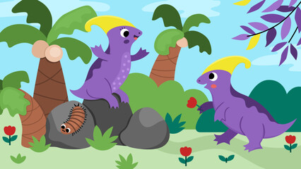 Vector horizontal scene with parasaurolophus bringing flower to his girlfriend. Dinosaur landscape illustration. Cute prehistoric scenery with flowers, palm trees. Funny dino scene for kids