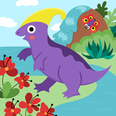 Vector square scene with parasaurolophus. Dinosaur landscape illustration. Cute prehistoric scenery with waterfall, river, flowers, trees. Funny dino scene for kids